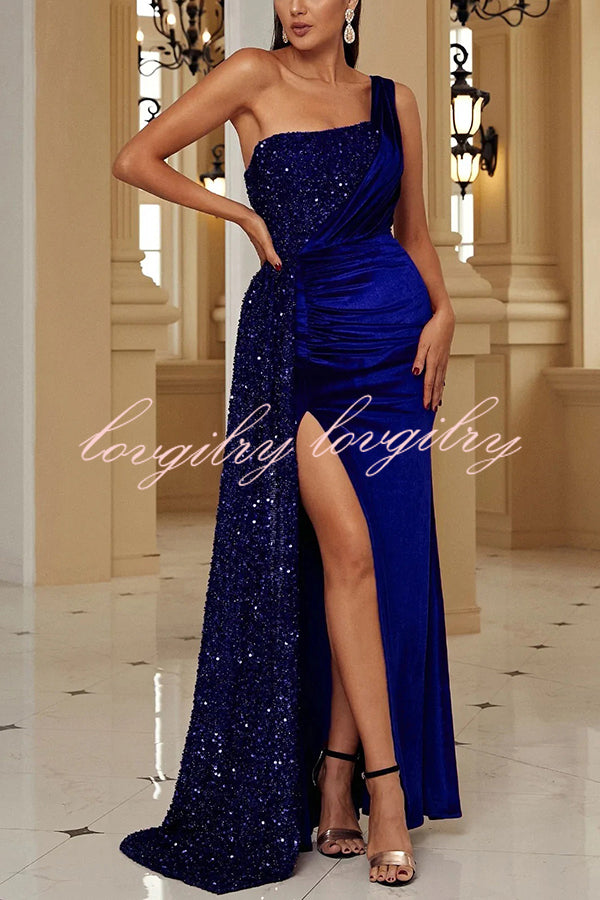 Taylor Sequin Velvet Patchwork One Shoulder Ruched Slit Prom Maxi Dress