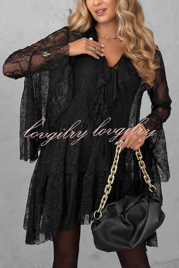 Feeling Lighthearted Lace Ruffle Neck Bell Sleeve Layered Hem A-line Mini Dress