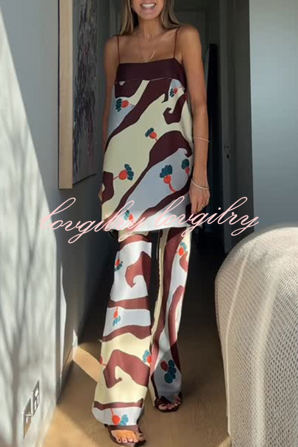 Loving Views Satin Unique Print a-line Tank and Elastic Waist Loose Pants Set