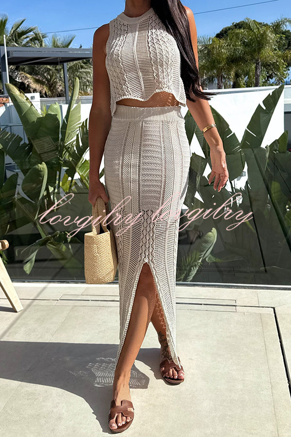 Solid Color Sleeveless Hollow Knit Crop Top and Elastic Slit Slim Midi Skirt Set