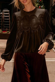 Fashionable Velvet and Lace Patchwork Loose Long-sleeved Top