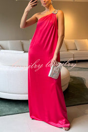 Charming Glance Satin Metal Hardware One Shoulder Loose Maxi Dress