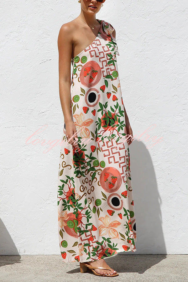 Botanical Print Elegant Strappy One-shoulder Resort Maxi Dress