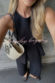 Solid Color Round Neck Sleeveless Casual Top and Loose Straight Pants Set