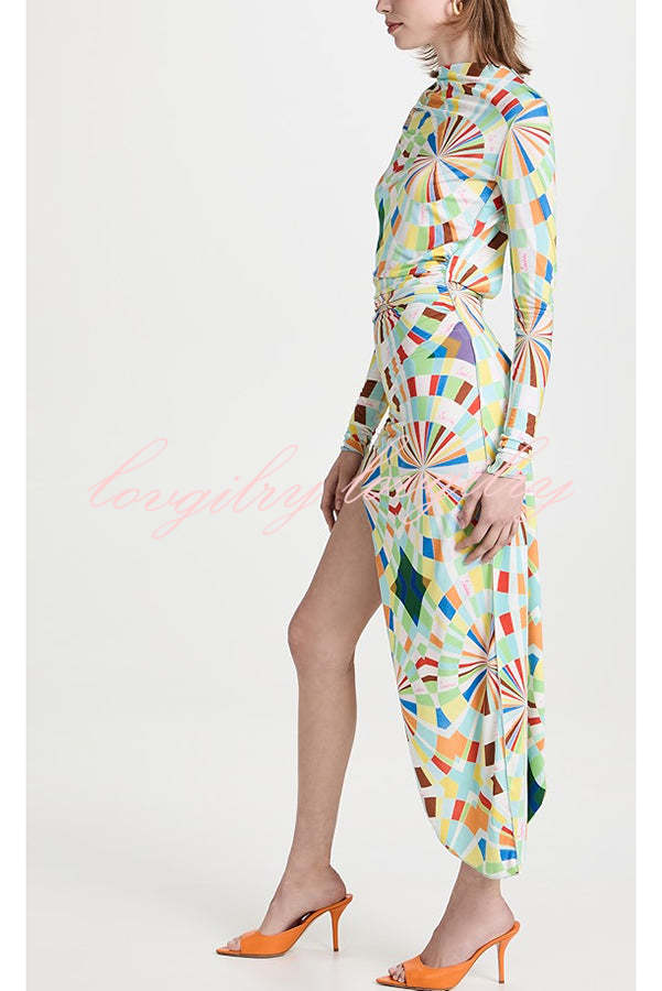 Colorful Season Printed Mock Neck Open Back Asymmetric Hem Stretch Midi Dress