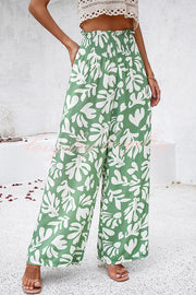 Uniquely Printed Ruffled Elastic Waist Pocket Pleated Wide Leg Pants