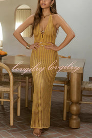 Ocean Dream Crochet Knit Golden Decoration Halter Stretch Maxi Dress