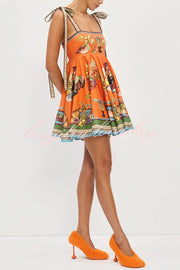 Linen Blend Unique Print Suspender Tie Casual Mini Dress