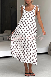 Polka Dot Print Suspenders Strappy Backless Loose Pocket Midi Dress