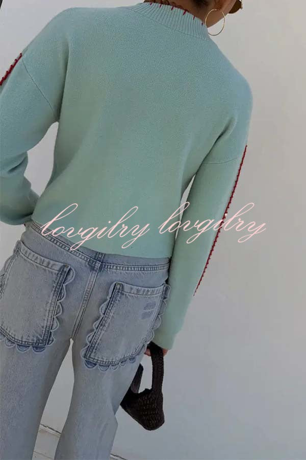 Coastal Fashion Knit Octopus Graphic Contrast Piping Button Up Loose Cardigan