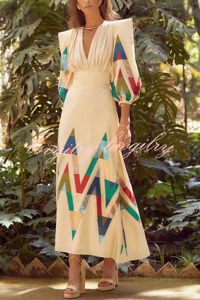 Highest Elegance Colorful Triangle Print Padded Shoulder Blouse and High Rise Maxi Skirt Set