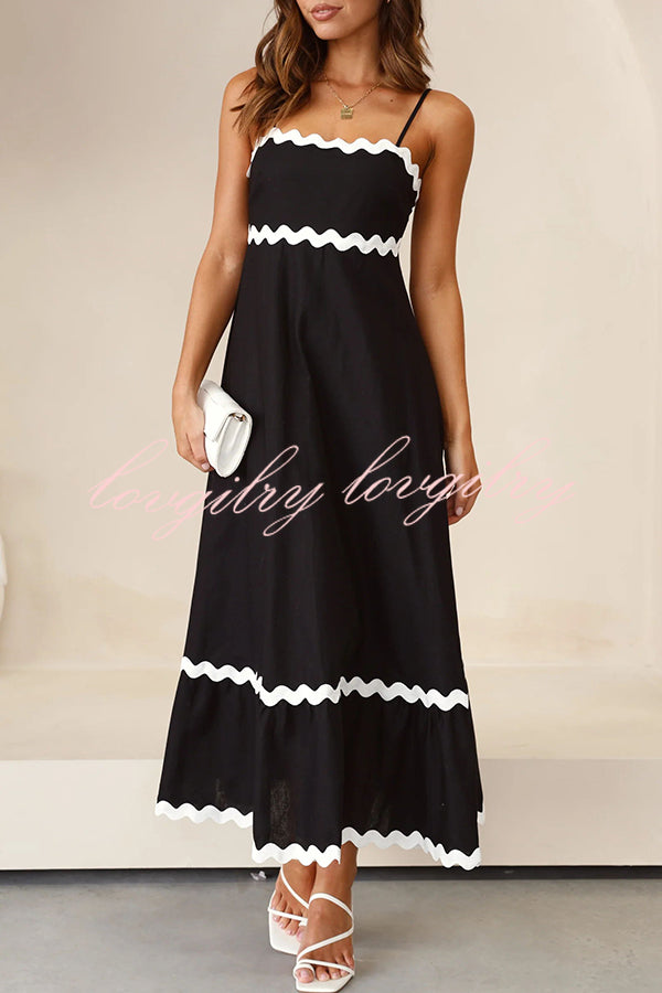 Bayside Beauty Wave Trim Patchwork Back Smocked Suspender Maxi Dress