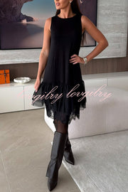 Upper East Chic Tulle Lace Tiered Hem Stretch Tank Midi Dress