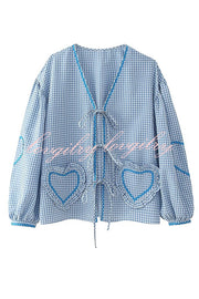 Lovely Plaid Heart Pattern Casual Lace-up Pocket Loose Shirt