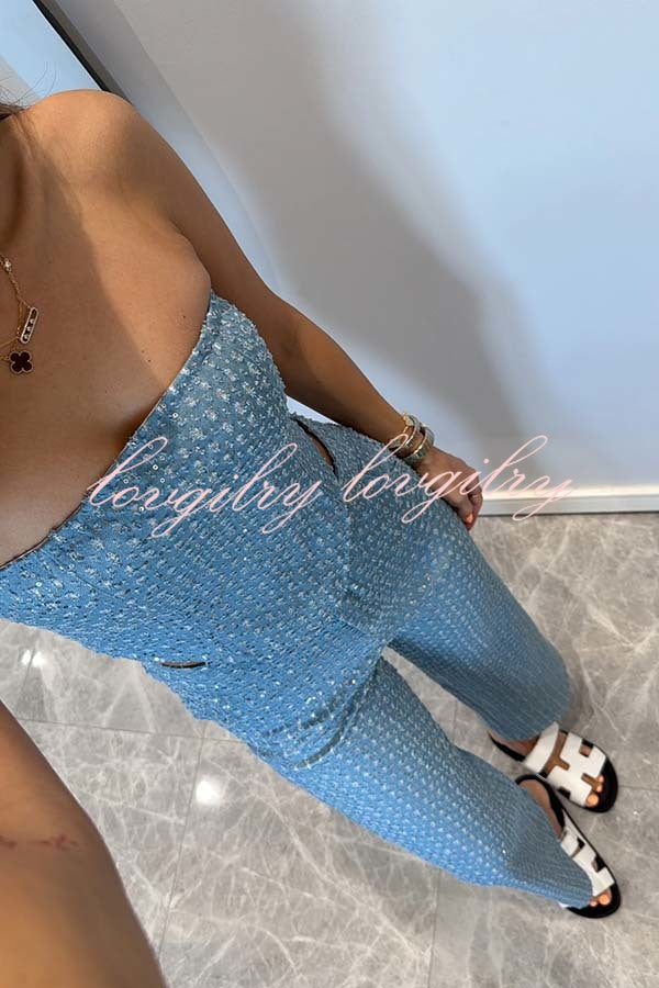 Fashionable Look Denim Sequin Textured Tube Top
