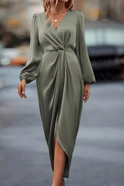 Satin V-neck Long-sleeved Slit Irregular Hem Midi Dress