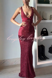 Festival Shines Sequin Beaded Mesh Bow Cutout Detail Slit Maxi Dress