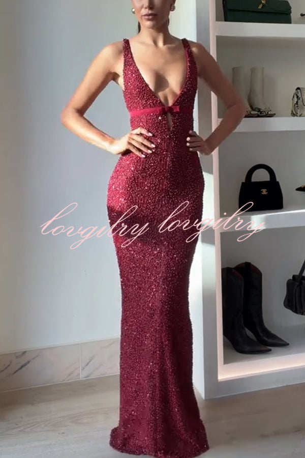 Festival Shines Sequin Beaded Mesh Bow Cutout Detail Slit Maxi Dress