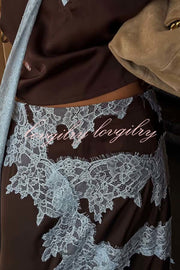 Sunday Social Contrast Color Satin Lace Trim Mid Rise Maxi Skirt