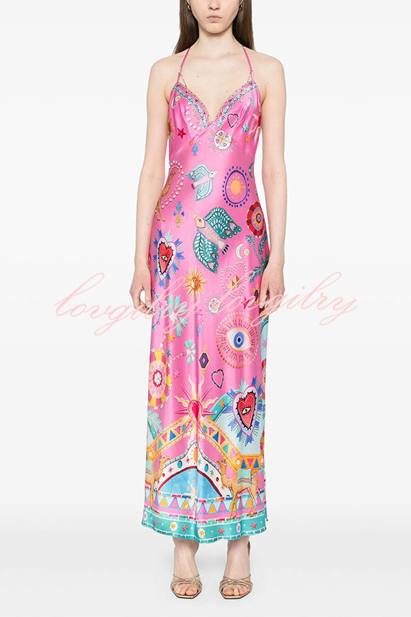 Effortless Chic Satin Unique Print Back Chain Detail Slip Maxi Dress