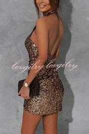 Terminally Stylish Sequin Halter Backless Ruched Mini Dress