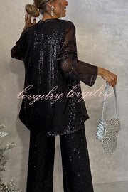 Party Scene Sequin Open Front Long Sleeve Drape Coat