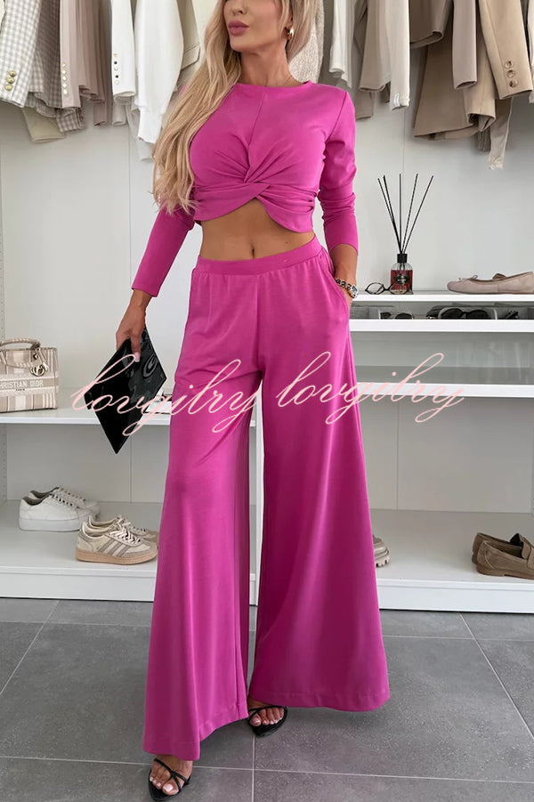 Solid Color Round Neck Long Sleeve Twist Crop Top and Elastic Waist Pocket Wide Leg Pants Set