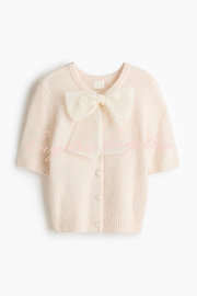 Cozy Sweet Darling Knit Sheer Organza Bow Neck Short Puff Sleeve Button Cardigan
