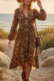Floral Print V-neck Long-sleeved Casual Ruffle Midi Dress