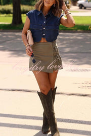 Stylish Weekend Denim Button Up Cape Sleeve Pocket Crop Top