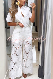 Solid Color Hollow Lace Lapel Short-sleeved Top and Elastic Waist Loose Pocket Pants Set
