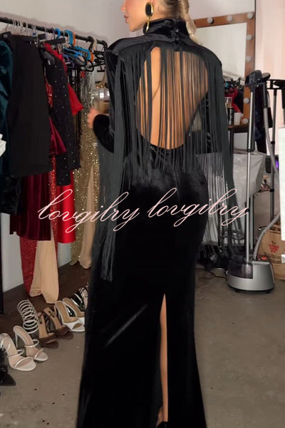 Eve Velvet Open Back Tassel Trim Long Sleeve Slit Maxi Dress
