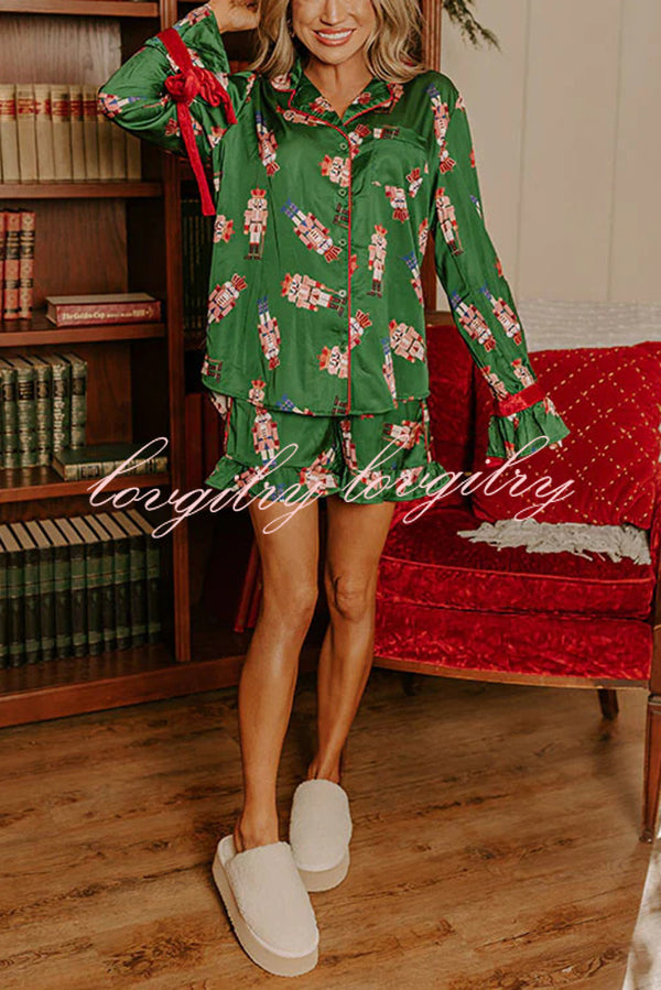 Christmas Dreaming Satin Nutcrackers Print Velvet Trim Elastic Waist Pocketed Pajama Shorts Set