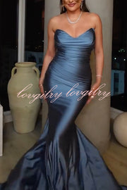 Jessica Satin Off Shoulder V-neck Ruched Detail Fishtail Maxi Dress