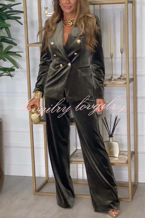 Guest of Honor Velvet Metal Button Lapel Blazer and Elastic Waist Pocketed Loose Pants Set