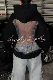 Fashionable Shiny Mesh Hollow Back Loose Long-sleeved Hooded Sweatshirt