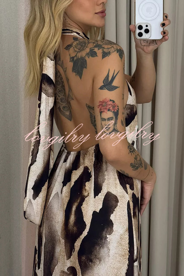 Leopard Print Sexy Halter Neck Backless Loose Maxi Dress