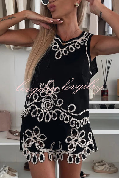 Angie Embroidery Cut-out Sleeveless Top and Elastic Waist Loose Shorts Set