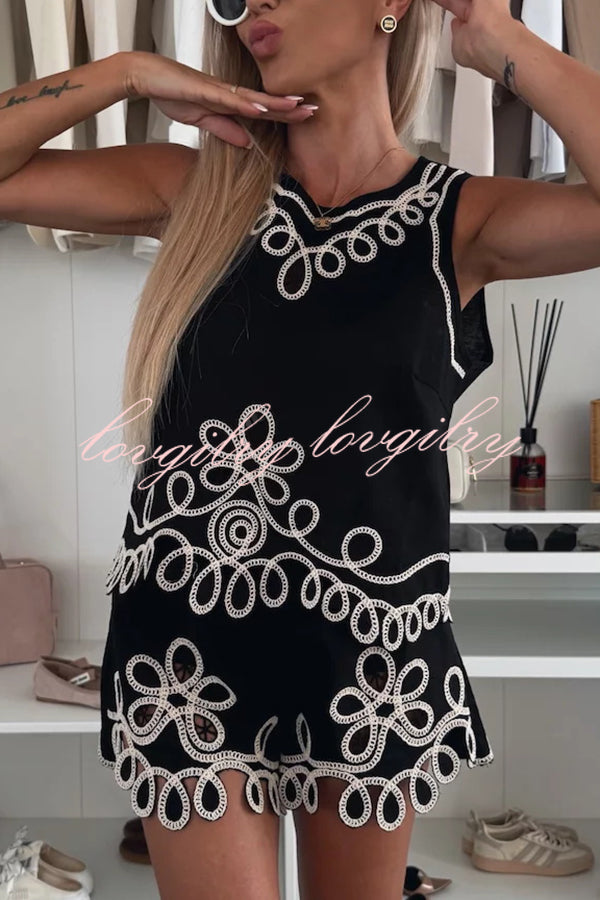 Angie Embroidery Cut-out Sleeveless Top and Elastic Waist Loose Shorts Set