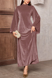 Solid Color Velvet Bell Sleeves Tie Waist Elegant Maxi Dress
