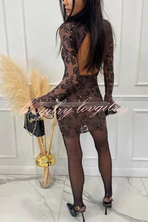 Deep and Dazzling Floral Texture Sequin Long Bell Sleeve Open Back Mini Dress