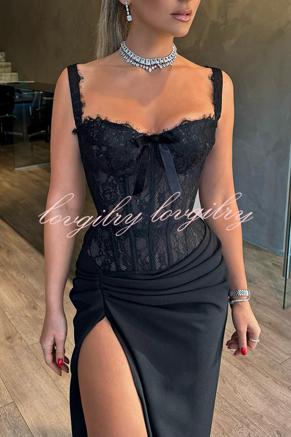 Sexy Grace Magic Lace Corset Bow Design Ruched Hip Slit Maxi Dress