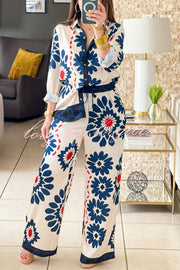Unique Printed Lapel Long-sleeved Loose Shirt and Casual Pocket Wide-leg Pants Set