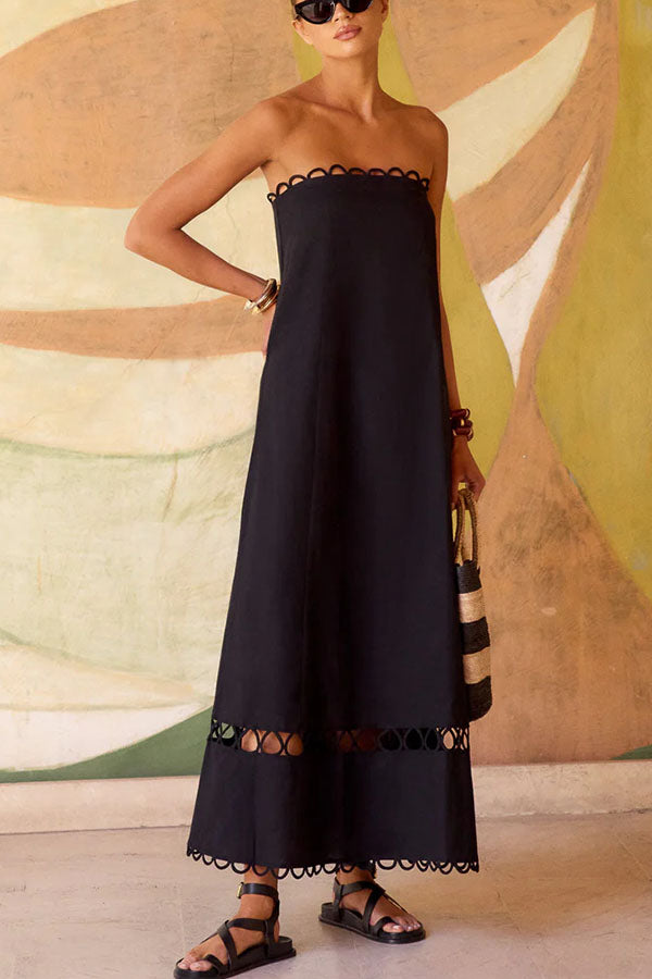Gina Linen Blend Scallop Cutout Trim Strapless A-line Midi Dress