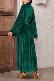 Solid Color Velvet Bell Sleeves Tie Waist Elegant Maxi Dress