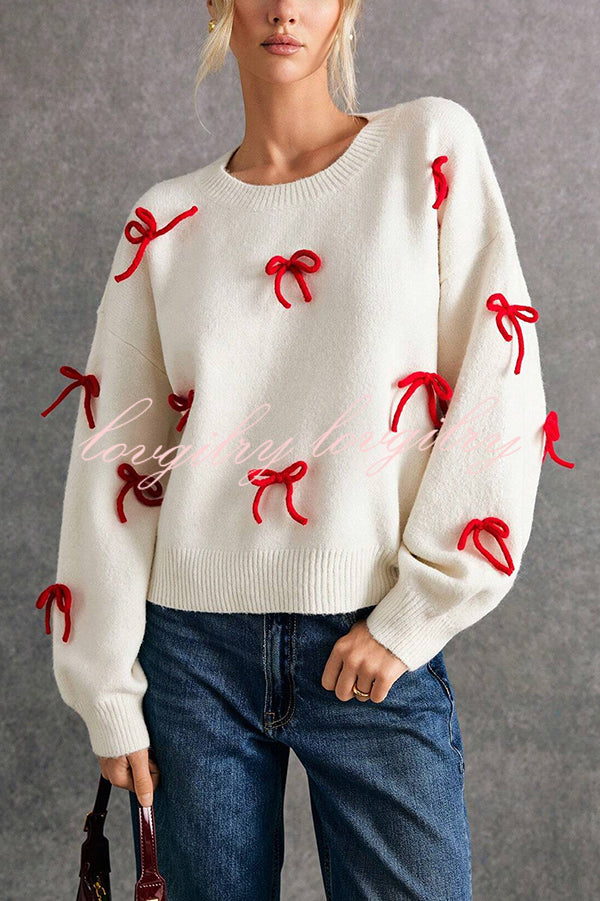 Christmas Bow Round Neck Loose Long Sleeve Knitted Sweater