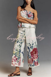 In To The Summer Linen Blend Floral Print Elastic Bandeau and Elastic Waist Pocket Loose Pants Set