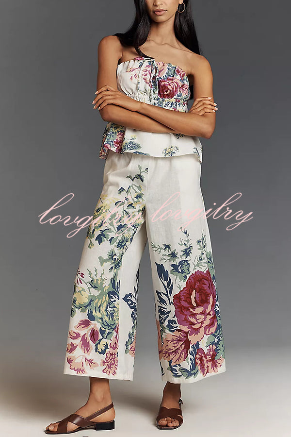 In To The Summer Linen Blend Floral Print Elastic Bandeau and Elastic Waist Pocket Loose Pants Set
