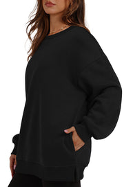 Solid Color Round Neck Pocket Loose Warm Long Sleeve Sweatshirt