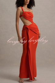 Sexy One-shoulder Backless Ribbon Pleated Slim Maxi Dress